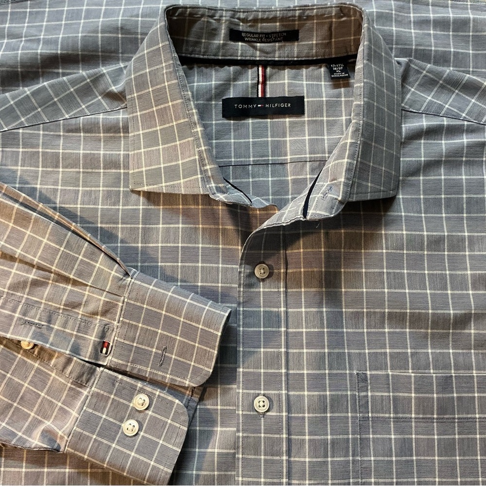 Tommy Hilfiger Men Gray And White Casual Button‎ Down Shirt